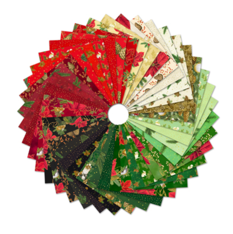 Holiday Flourish Forest Glen metallic charm pack featuring coordinated Christmas fabrics with poinsettias, woodland animals, pinecones, ornaments, and festive metallic accents.