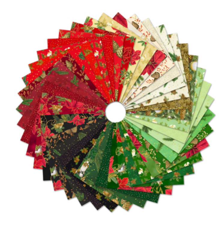 Holiday Flourish Forest Glen Ten Squares precut bundle featuring Christmas fabrics with poinsettias, woodland animals, pinecones, ornaments, evergreens, and metallic gold accents.