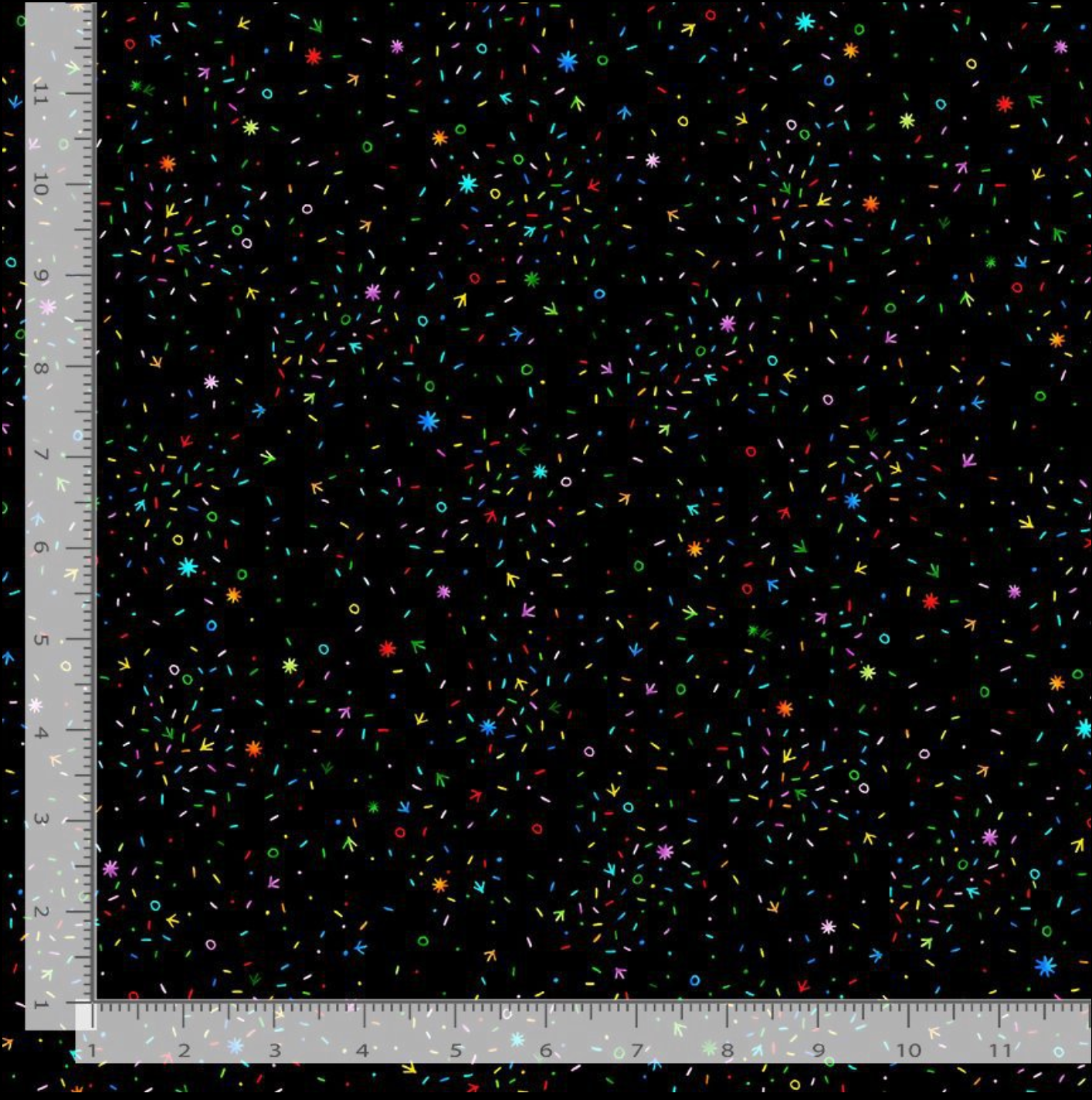 Chicken Scratch Confetti fabric by Timeless Treasures featuring colorful rainbow sprinkles, stars and dots on a black background quilting cotton