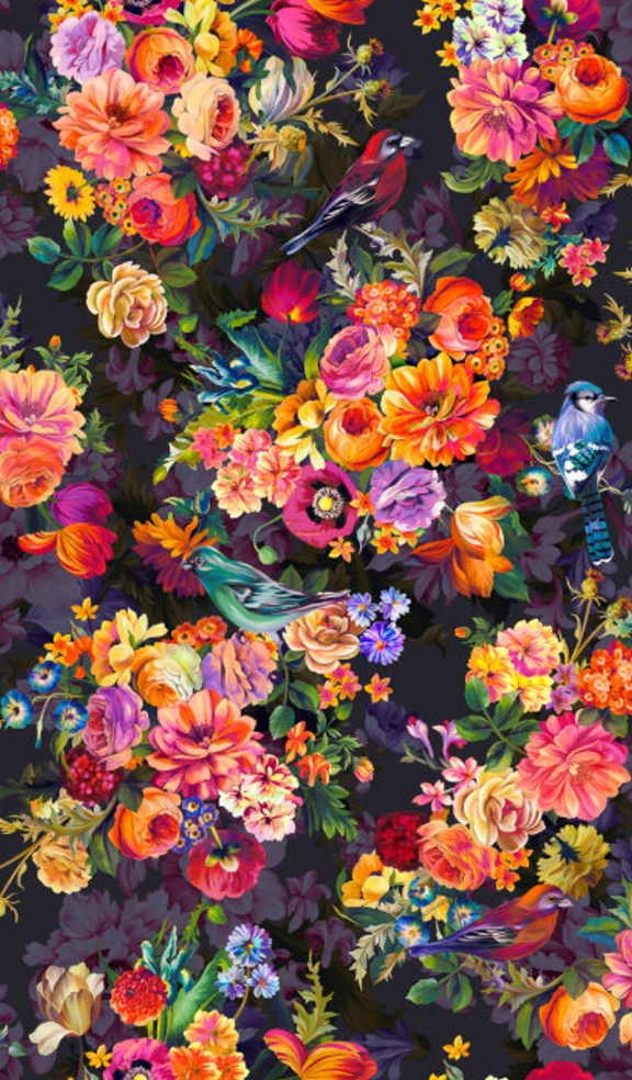 Colorful floral and bird cotton fabric featuring vibrant flowers and songbirds on a black background, Arcadia Secret Garden Onyx by RJR Fabrics.
