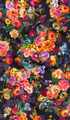 Colorful floral and bird cotton fabric featuring vibrant flowers and songbirds on a black background, Arcadia Secret Garden Onyx by RJR Fabrics.