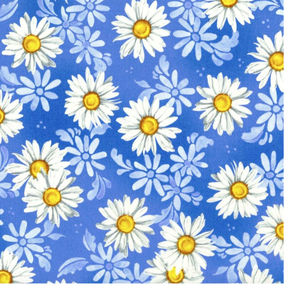 White daisy flowers with yellow centers scattered across a blue background floral cotton fabric, Daisy Dance Blue Sky by RJR Fabrics.