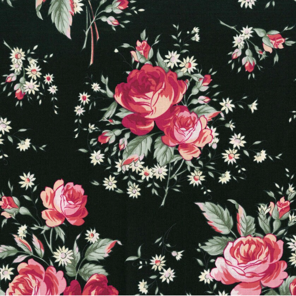 Pink roses and white flowers on a black background floral cotton fabric, Jardin Midnight Rose from the Rosette collection by RJR Fabrics.