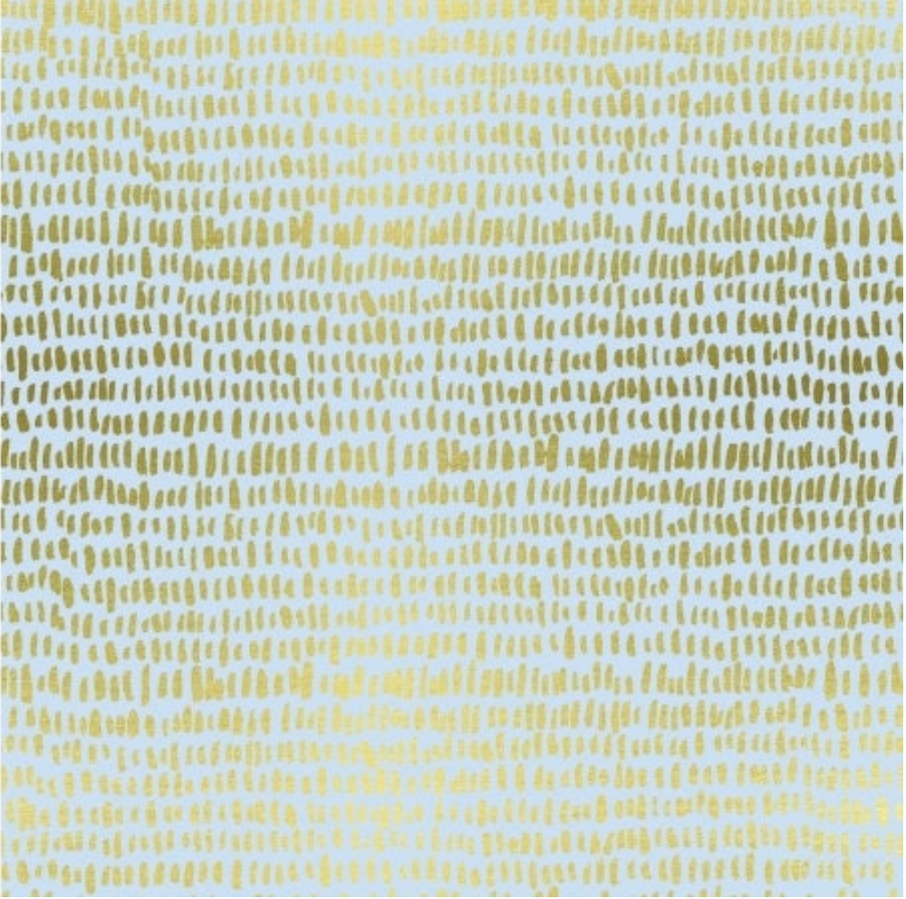 Soft blue cotton lawn fabric featuring metallic gold hatchmark lines, Wildwood Hatchmarks Blue Lawn Metallic by Rifle Paper Co. for Cotton + Steel.