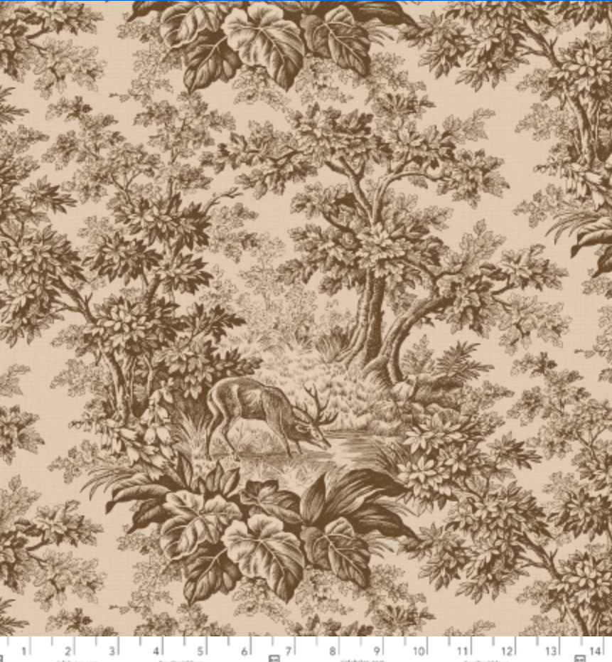 Woodland toile cotton fabric featuring deer, trees, and forest scenes in brown on a cream background, Woodland Cattails from Fall's Majesty by RJR Fabrics.