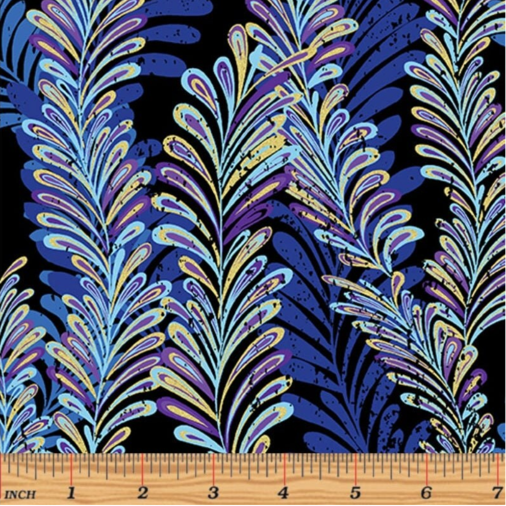 Royal blue and lavender fern fronds with metallic gold accents on a black background, Jeweled Ferns Black Royal Blue Metallic fabric by Kanvas Studio for Benartex.