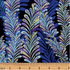 Royal blue and lavender fern fronds with metallic gold accents on a black background, Jeweled Ferns Black Royal Blue Metallic fabric by Kanvas Studio for Benartex.