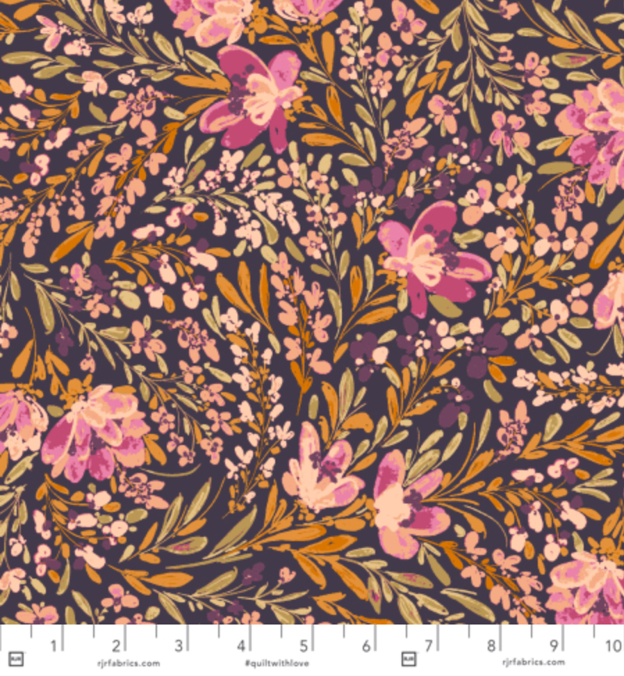 Pink and mauve wildflowers with golden foliage on a deep plum background, Flowers In The Breeze Pink Dawn cotton fabric by RJR Fabrics.