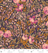 Pink and mauve wildflowers with golden foliage on a deep plum background, Flowers In The Breeze Pink Dawn cotton fabric by RJR Fabrics.