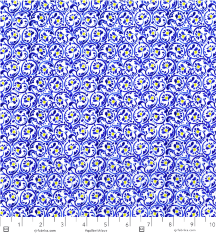 Blue scrolling floral vines and porcelain-inspired motifs on a white background, Classic Curls Porcelain fabric from the Daisy Blue collection by RJR Fabrics.
