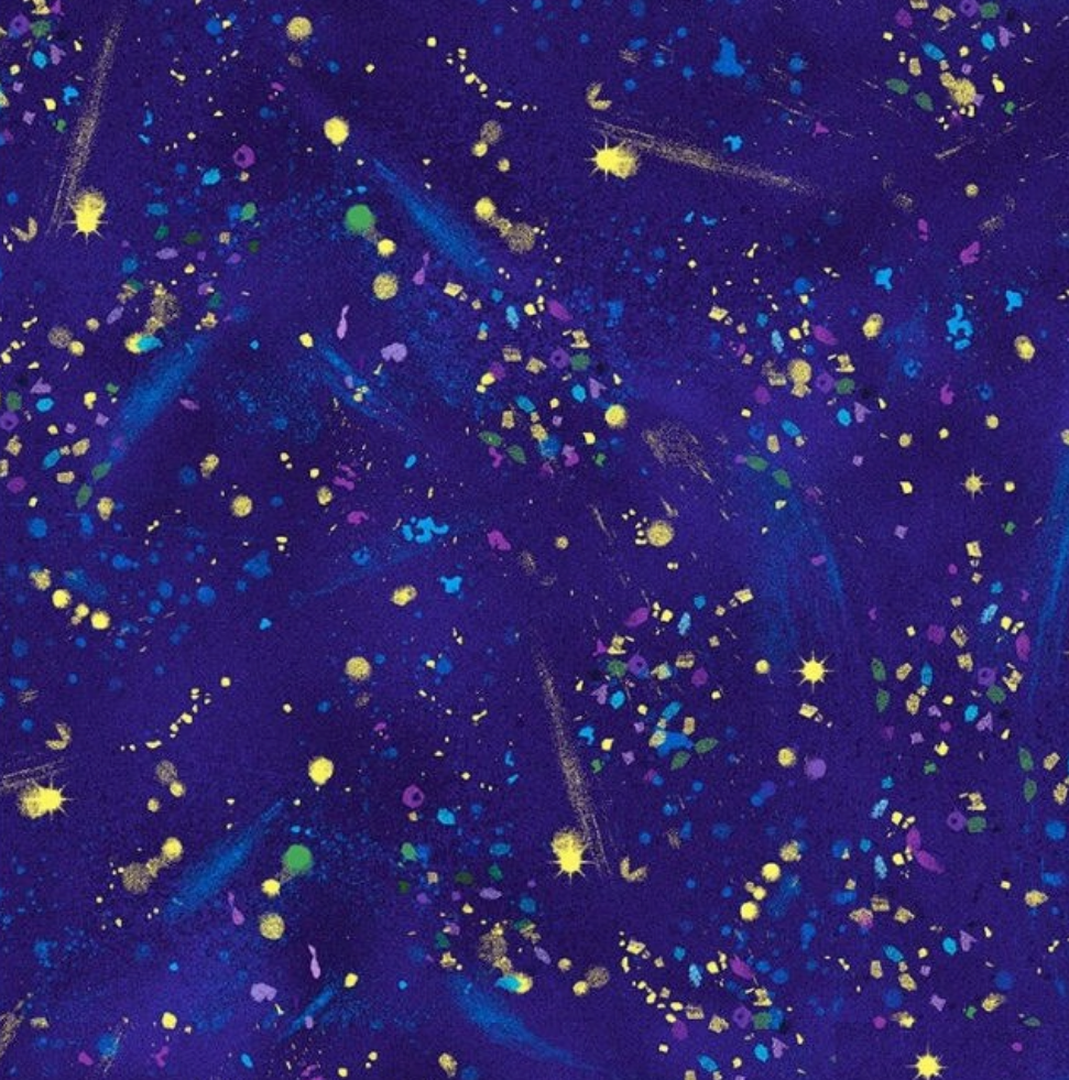 Royal blue cotton fabric with metallic paint splatters, stars, and colorful abstract galaxy-inspired accents by Chong-A Hwang for Timeless Treasures.