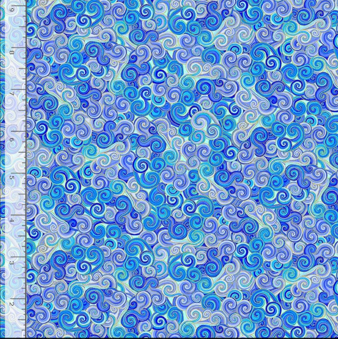 Blue and purple metallic swirl cotton fabric featuring abstract scroll and wave patterns by Timeless Treasures.
