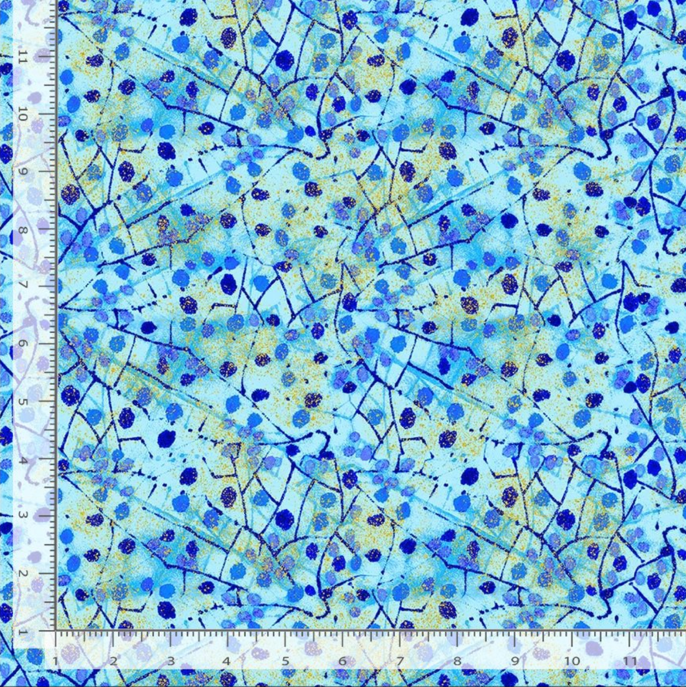 Blue and aqua metallic cotton fabric featuring abstract mosaic textures and scattered gold accents from the Escapade Collection by Timeless Treasures.