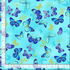 Blue metallic butterflies with gold accents floating across a soft aqua cotton background from the Escapade Collection by Timeless Treasures.