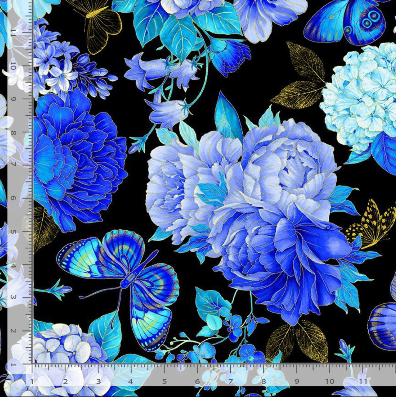 Blue butterflies with peonies and hydrangeas on black metallic cotton by Timeless Treasures.