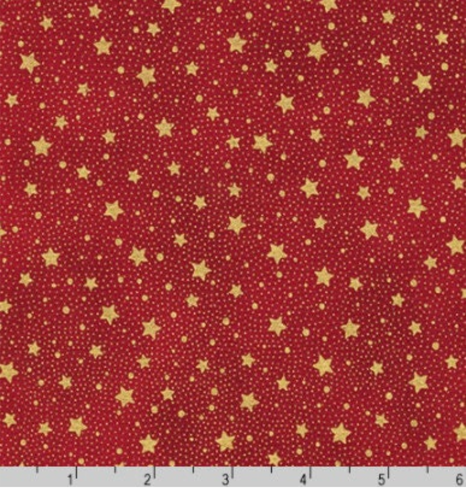 Gold metallic stars and dots scattered across a rich red cotton background.