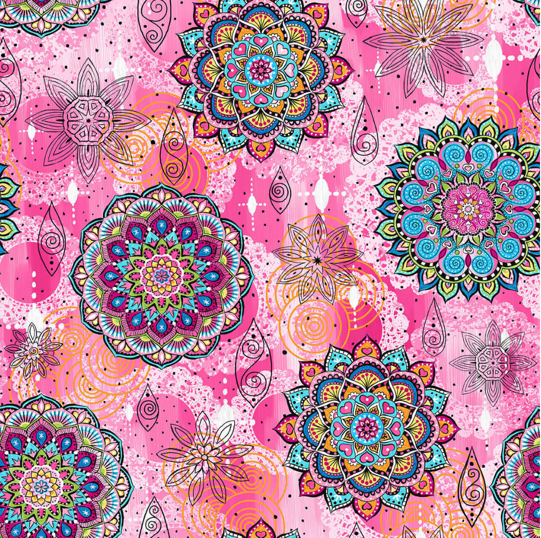 Pink cotton fabric featuring colorful decorative mandalas, floral medallions, and bohemian-inspired artistic designs by Blank Quilting.