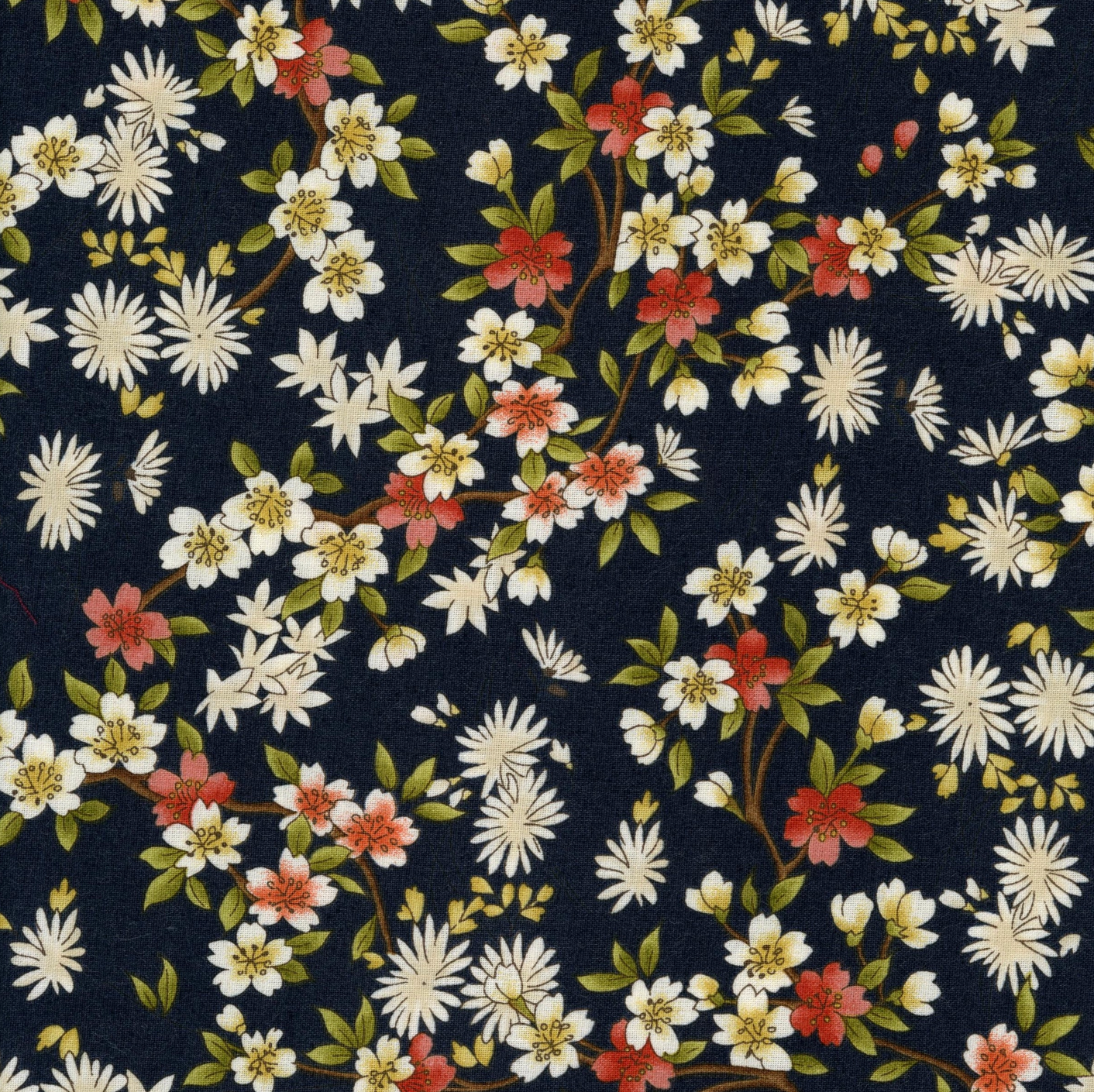 Japanese Garden cherry blossoms and daisies cotton fabric on navy background by Lloyd Curzon for Maywood Studio.