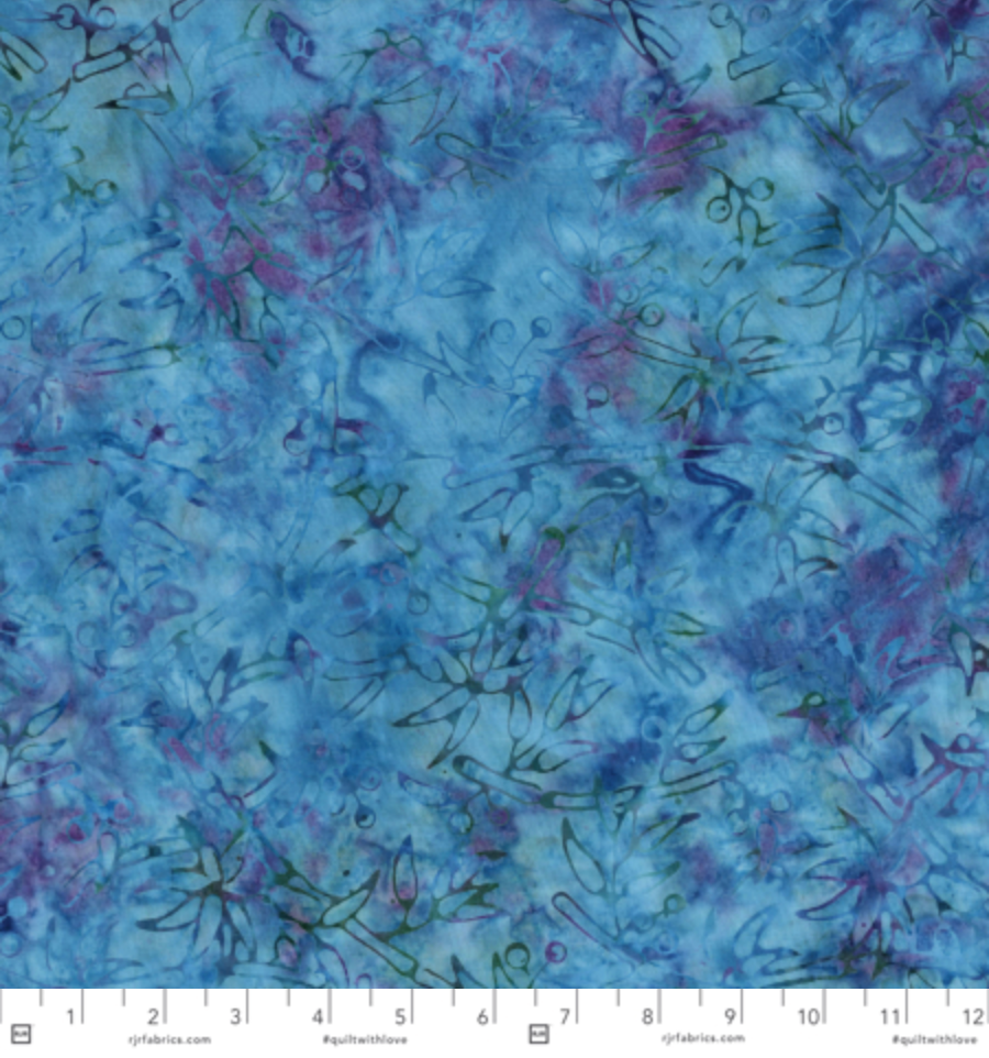 Best Of Malam Batiks Bamboo Blue Plum cotton fabric by Jinny Beyer featuring delicate bamboo motifs on a blue and purple batik background.