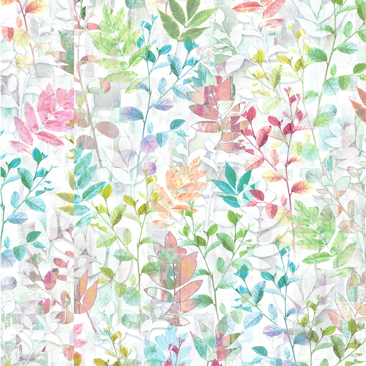 Digitally printed cotton fabric featuring layered watercolor leaves and delicate foliage in pastel shades of pink, aqua, mint, lavender, and coral on a soft opal background from the Reverie collection by RJR Studio for RJR Fabrics.