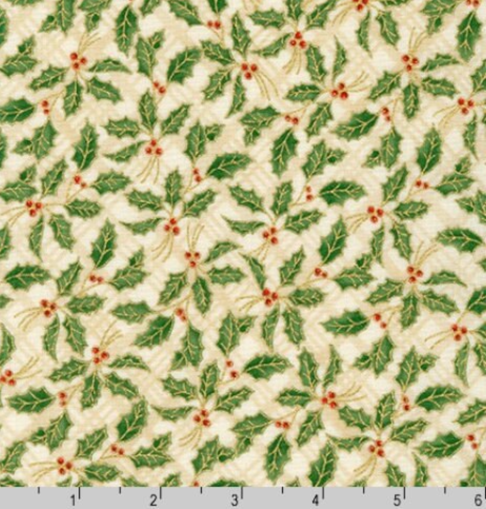 Ivory cotton fabric featuring green holly leaves, red berries, and metallic gold accents from Winter's Grandeur 9 by Robert Kaufman.