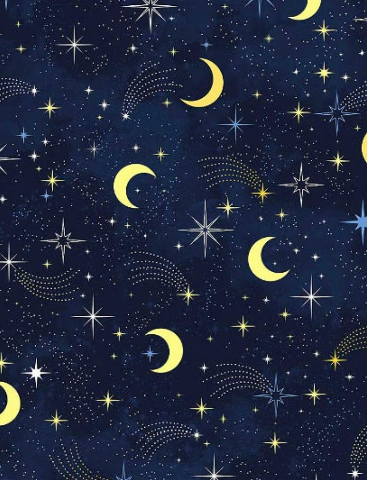 Navy blue cotton fabric featuring crescent moons, twinkling stars, and shooting stars from the I Love You To The Moon collection by Timeless Treasures.