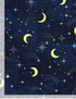 Navy blue cotton fabric featuring crescent moons, twinkling stars, and shooting stars from the I Love You To The Moon collection by Timeless Treasures.