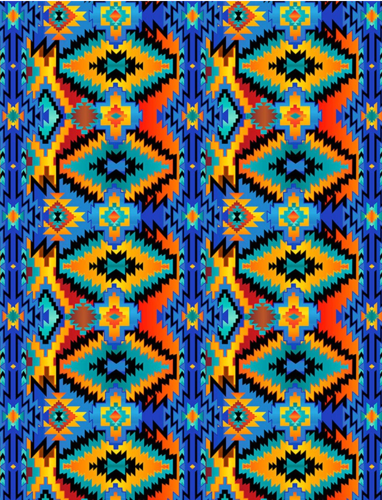 Colorful Southwest Blanket Brite cotton fabric featuring vibrant geometric tribal patterns in blue, turquoise, orange, yellow, red, and black by Timeless Treasures.
