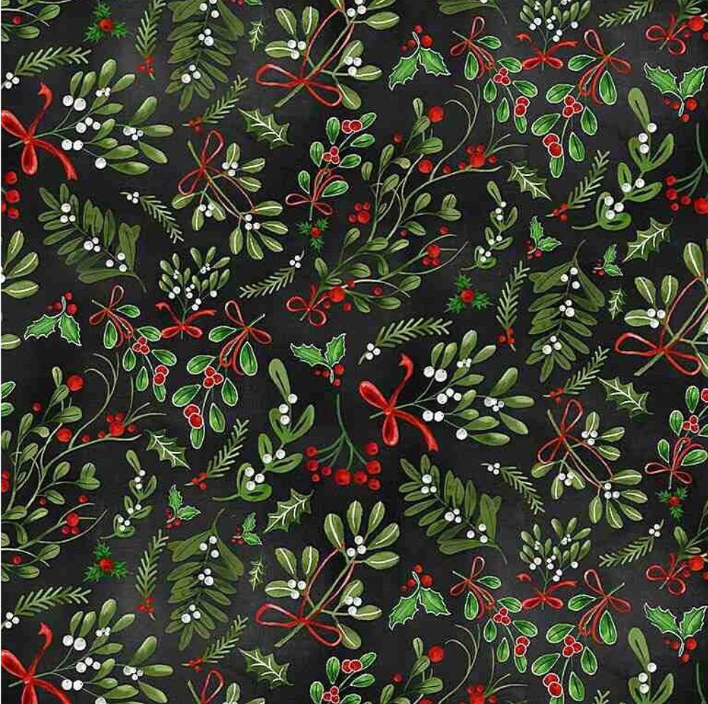 Christmas cotton fabric featuring mistletoe sprigs, holly leaves, red berries, evergreen branches, and red ribbon bows on a black background from the Peace Joy & Love collection by Timeless Treasures.
