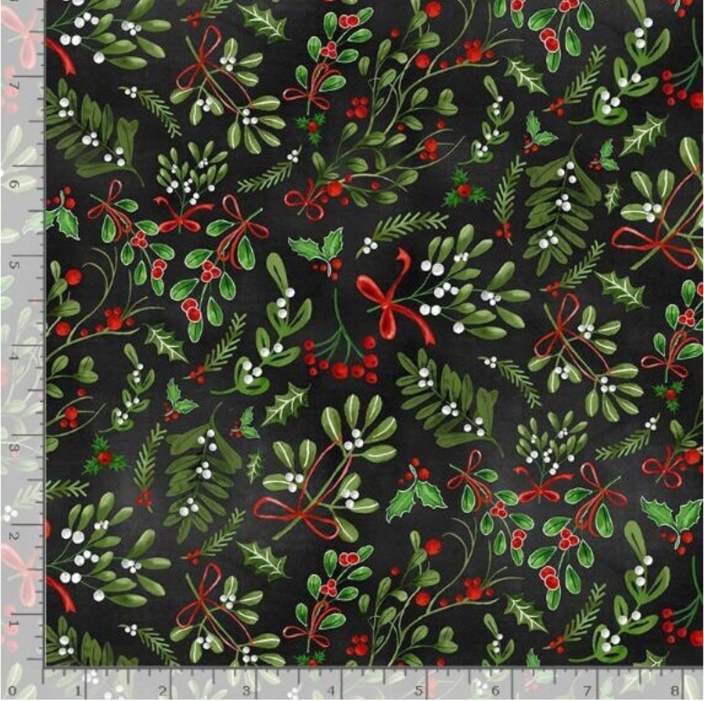 Christmas cotton fabric featuring mistletoe sprigs, holly leaves, red berries, evergreen branches, and red ribbon bows on a black background from the Peace Joy & Love collection by Timeless Treasures.