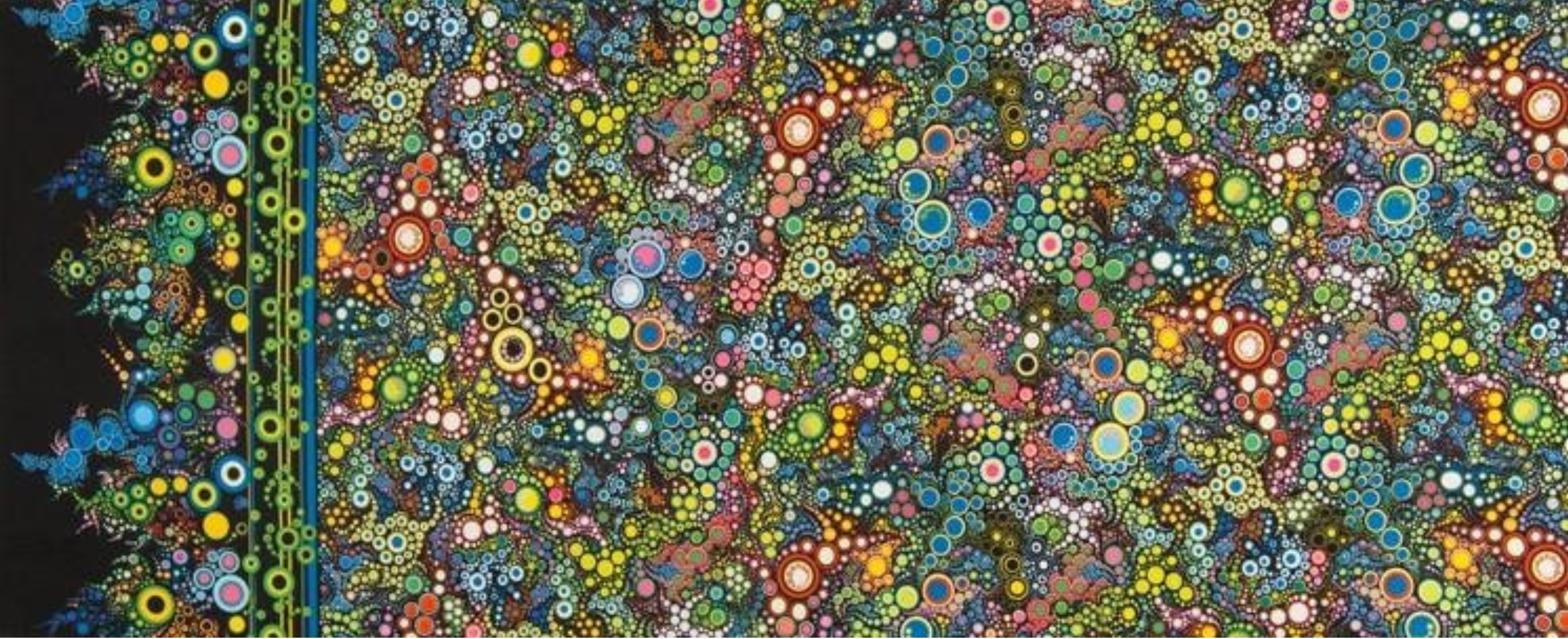 Colorful Effervescence Caribbean cotton fabric featuring intricate dot-painting inspired circles and organic mosaic patterns in turquoise, aqua, yellow, green, pink, and blue by Amelia Caruso for Robert Kaufman Fabrics.
