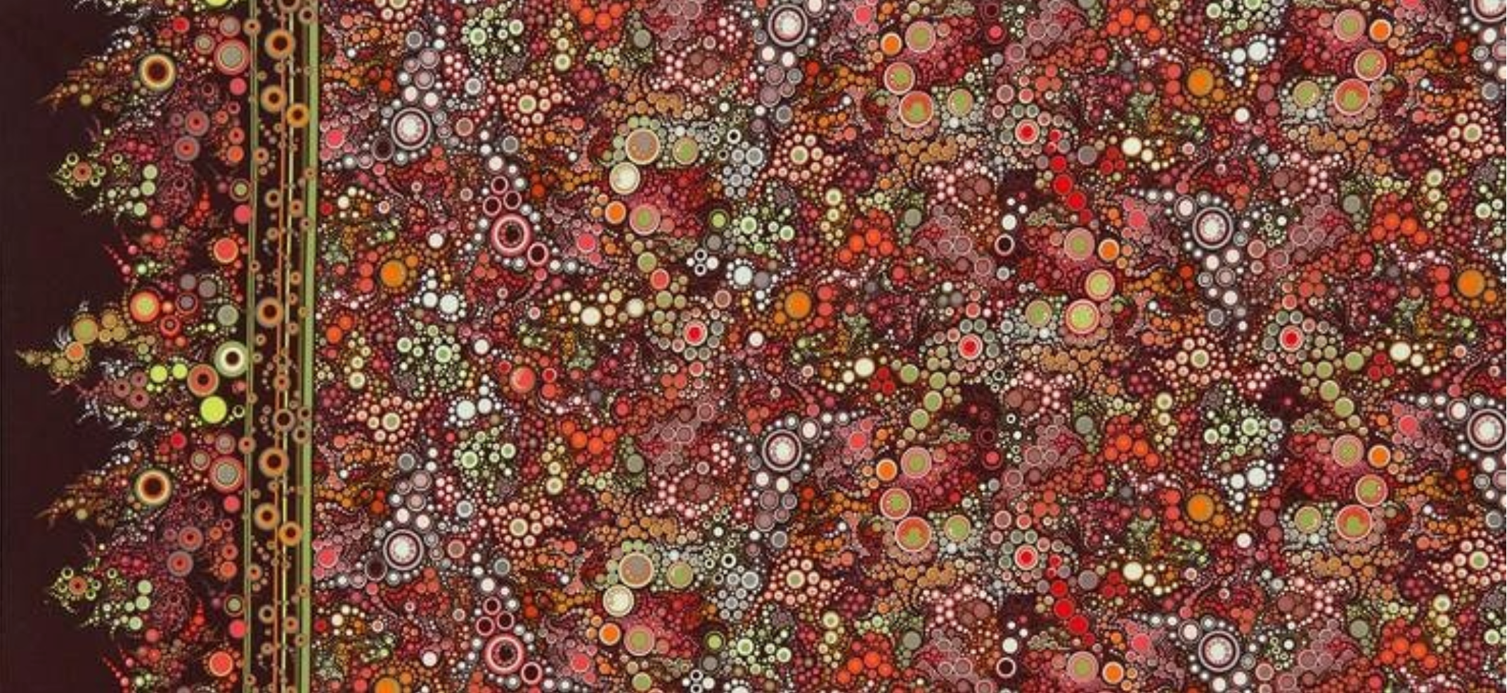 Effervescence Autumn cotton fabric featuring intricate dot-painting inspired circles and organic mosaic patterns in rust, coral, orange, olive green, cream, and brown by Amelia Caruso for Robert Kaufman Fabrics.