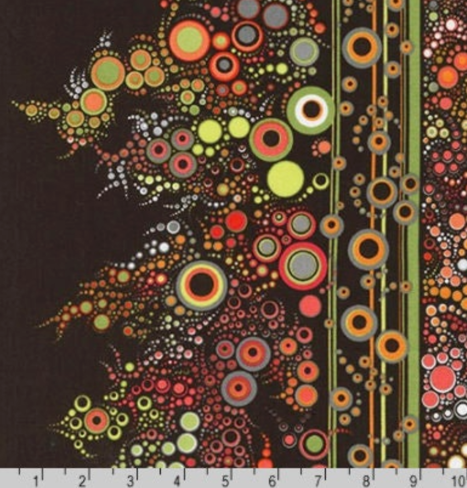 Effervescence Autumn cotton fabric featuring intricate dot-painting inspired circles and organic mosaic patterns in rust, coral, orange, olive green, cream, and brown by Amelia Caruso for Robert Kaufman Fabrics.