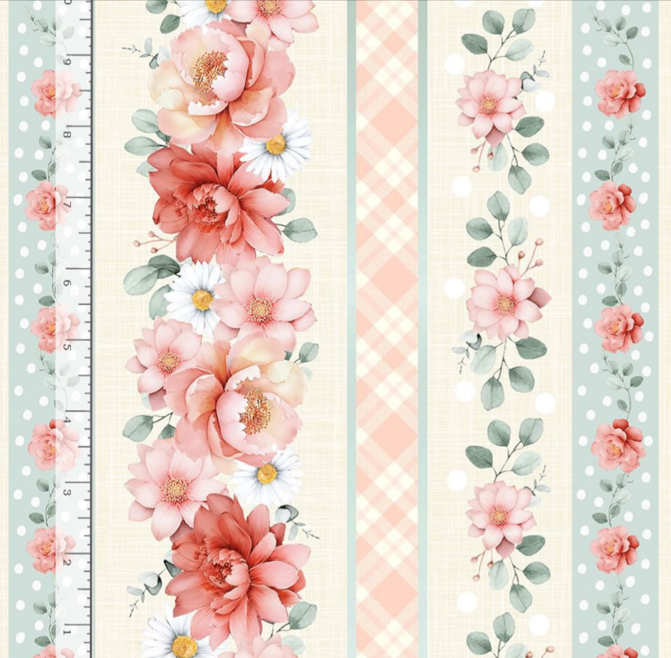 Til The Cows Come Home Floral 11 inch Stripe fabric by Timeless Treasures featuring blush pink flowers, sage green leaves, plaid accents, and floral stripe columns on a cream background.