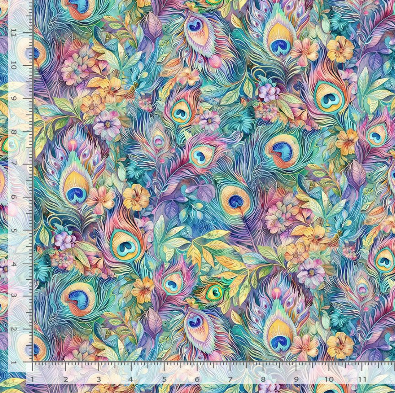 Fantasy Plumes and Floral fabric by Timeless Treasures featuring colorful peacock feathers, pastel flowers, botanical foliage, and vibrant watercolor tones on premium cotton fabric.