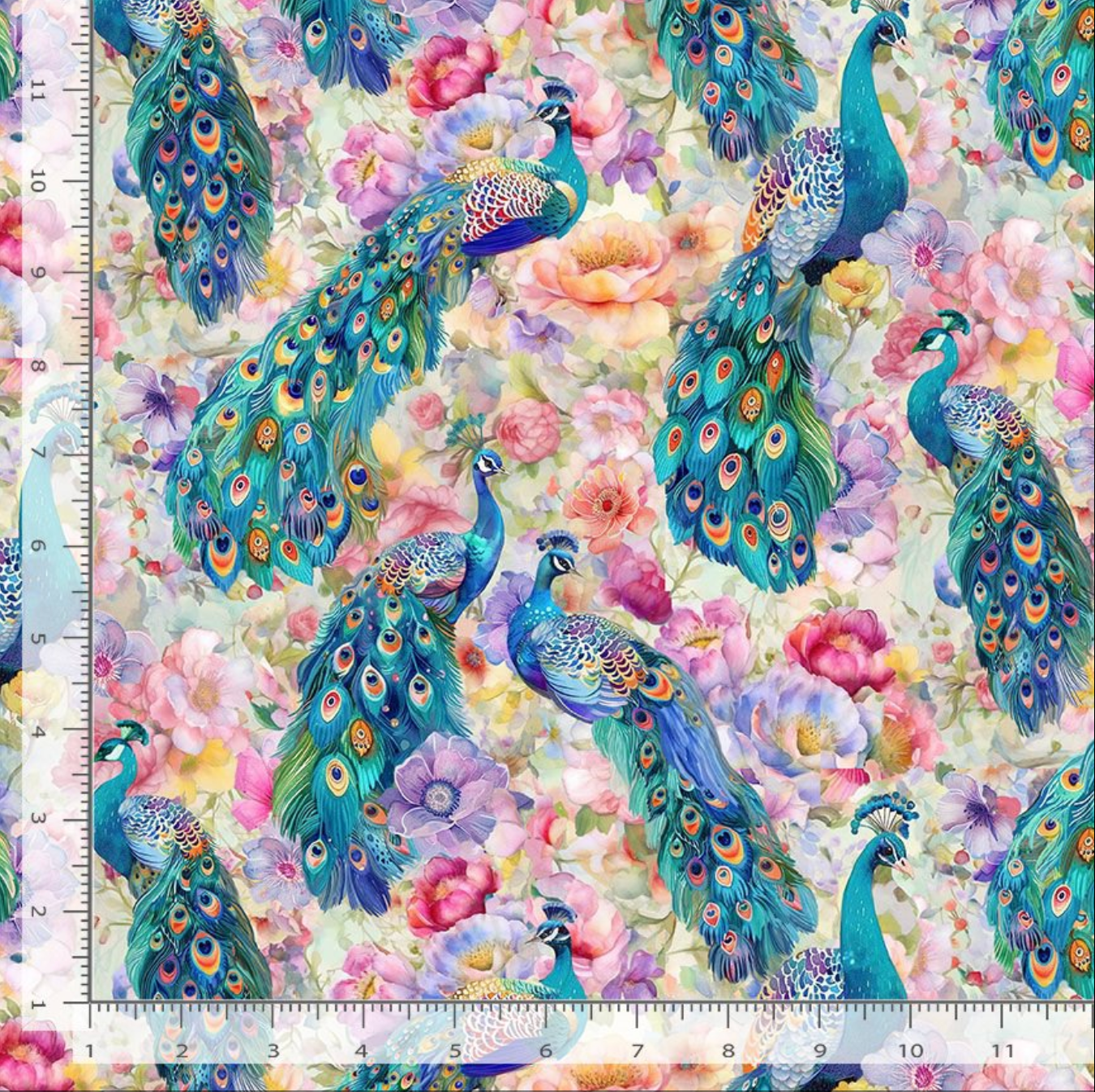 Peacocks on Floral fabric by Timeless Treasures featuring colorful peacocks with flowing feather tails surrounded by watercolor flowers in pink, lavender, peach, yellow, and blue tones on premium cotton fabric.