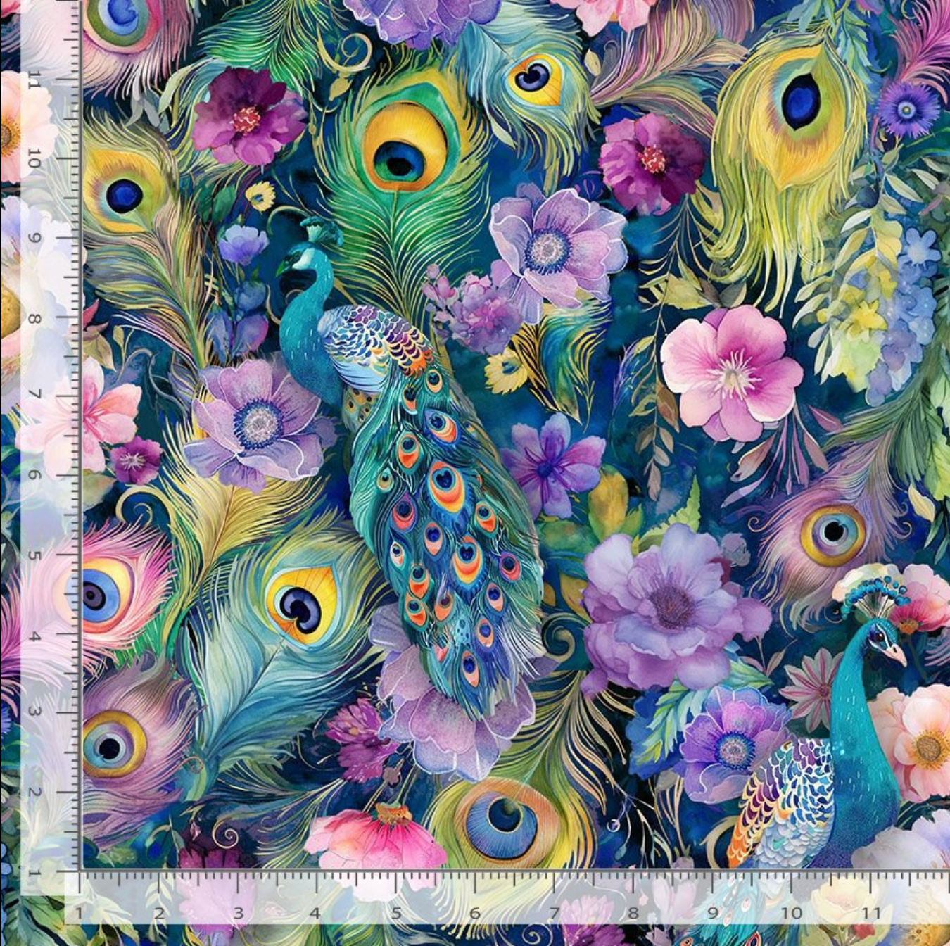 Peacock Peek-A-Boo Floral fabric by Timeless Treasures featuring vibrant peacocks, colorful peacock feathers, and blooming flowers in jewel tones on a rich navy background.