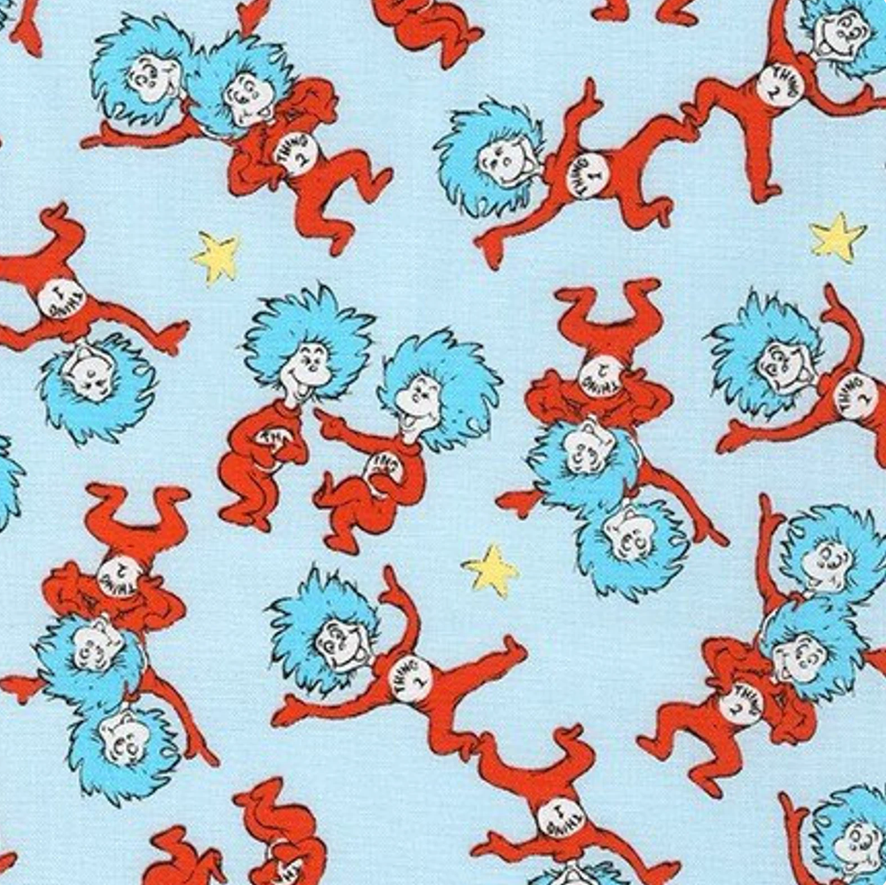 The Cat in the Hat Celebration cotton fabric by Dr. Seuss Enterprises for Robert Kaufman featuring Thing 1 and Thing 2 characters scattered across a light blue background with yellow stars.