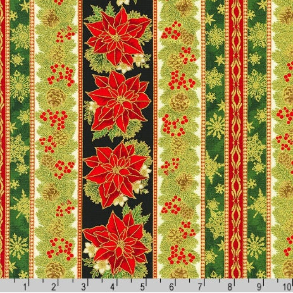 Holiday Flourish 15 Poinsettia Stripe Gold Metallic fabric by Robert Kaufman featuring red poinsettias, holly berries, pinecones, evergreen branches, and gold metallic accents in festive vertical stripes.