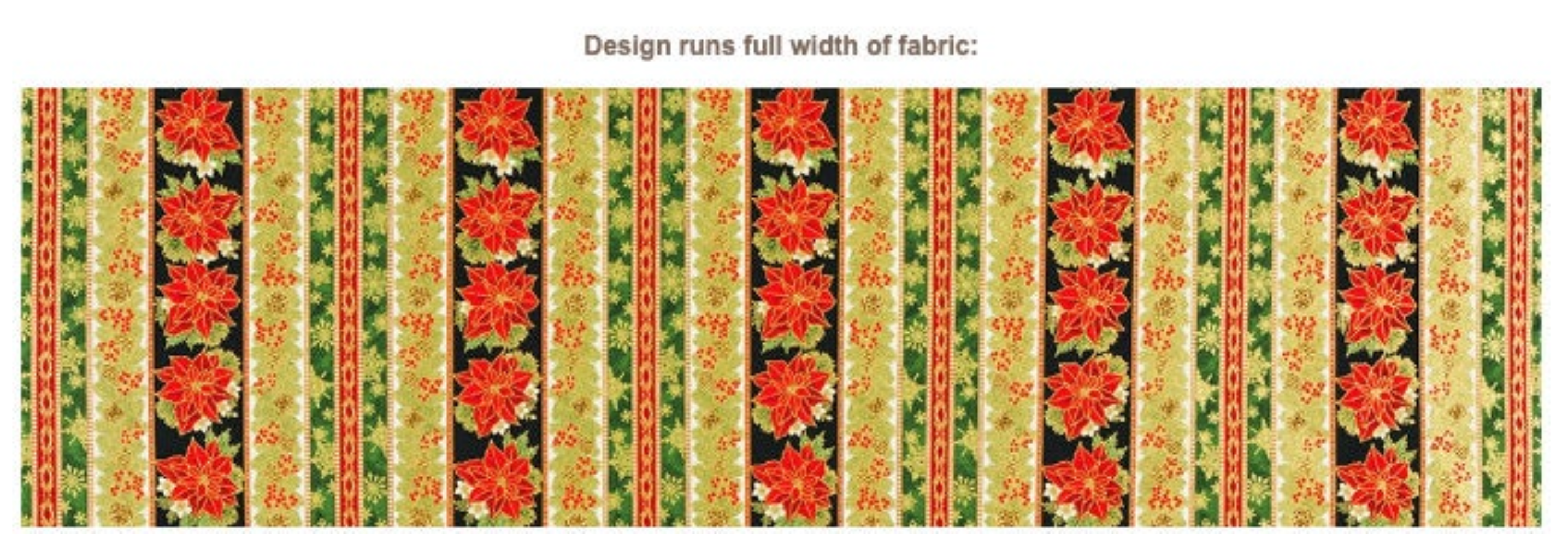 Holiday Flourish 15 Poinsettia Stripe Gold Metallic fabric by Robert Kaufman featuring red poinsettias, holly berries, pinecones, evergreen branches, and gold metallic accents in festive vertical stripes.
