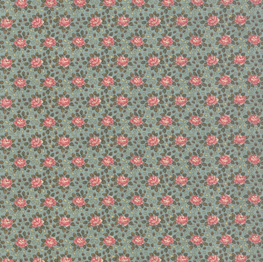 Color Daze Summer Sky fabric by Edyta Sitar for Laundry Basket Quilts and Moda Fabrics featuring delicate pink roses and tiny floral sprigs scattered across a soft blue background.