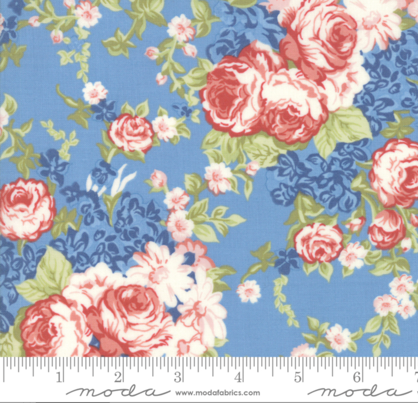 Mackinac Island Faded Roses Light Blue fabric by Minick & Simpson for Moda Fabrics featuring pink rose clusters, delicate blossoms, and green foliage on a soft light blue background.