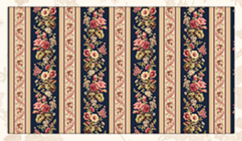 Bricolage Navy Border Stripe fabric by Kaye England for Wilmington Prints featuring elegant floral garlands and decorative border stripes in pink, burgundy, cream, and green on a rich navy background.