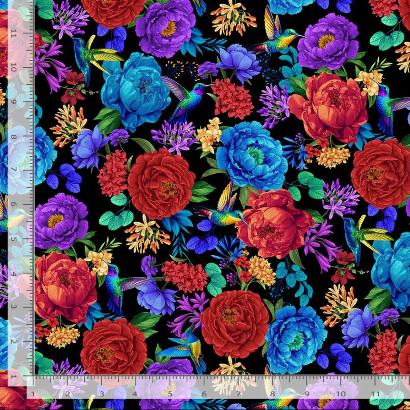 Large Bright Floral & Birds fabric by Chong-A Hwang for Timeless Treasures featuring colorful hummingbirds and oversized vibrant flowers on a dramatic black background with digitally printed detail.