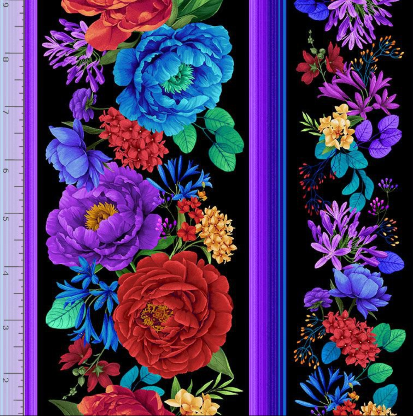 Bright Floral Stripe fabric by Chong-A Hwang for Timeless Treasures featuring colorful floral bouquets in vertical stripe panels with purple accents on a black background, digitally printed on premium quilting cotton.