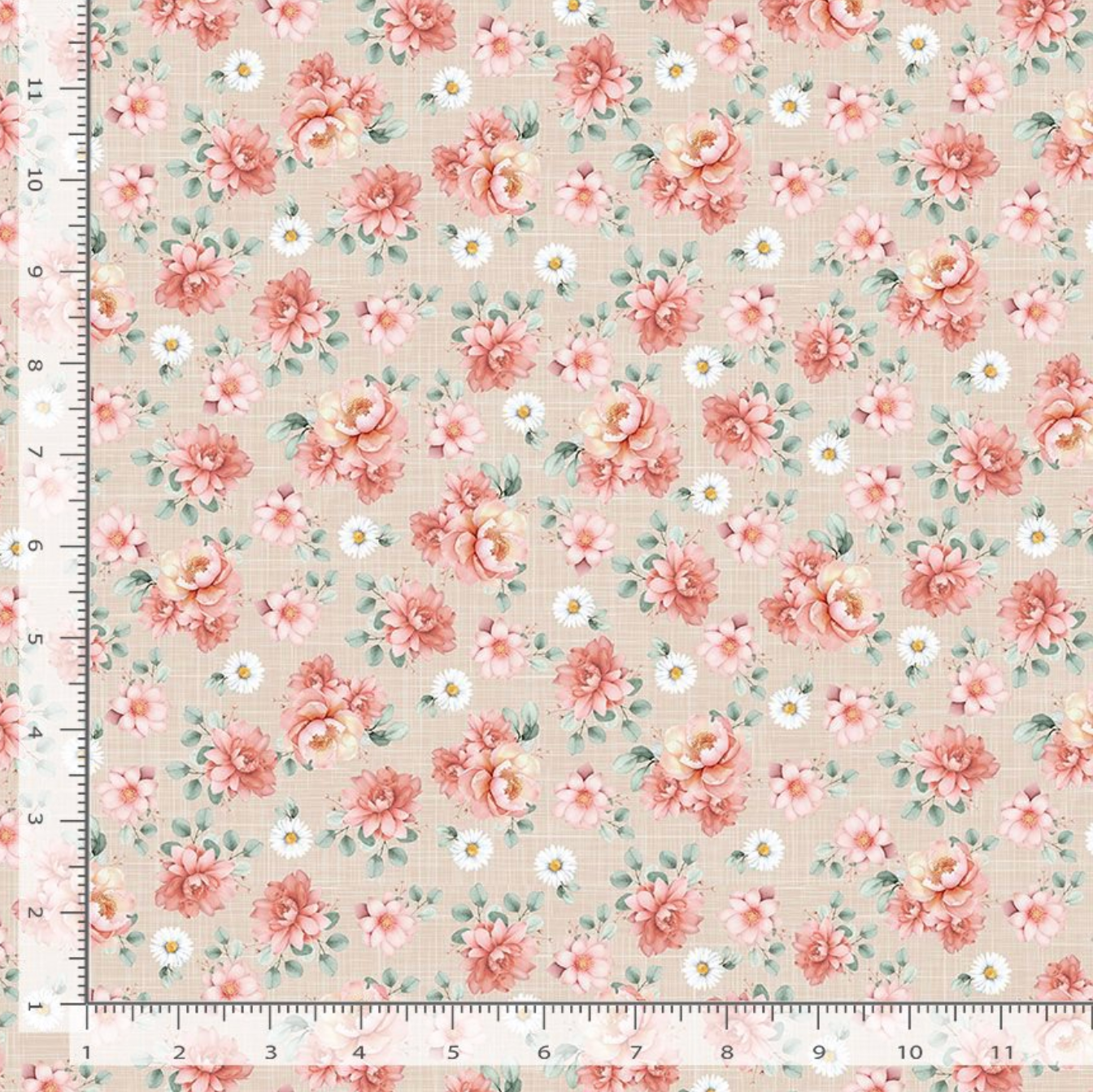 Til The Cows Come Home Floral Bouquet fabric by Timeless Treasures featuring blush pink floral bouquets, white daisies, and sage-green leaves on a warm straw-colored background with a soft vintage look.