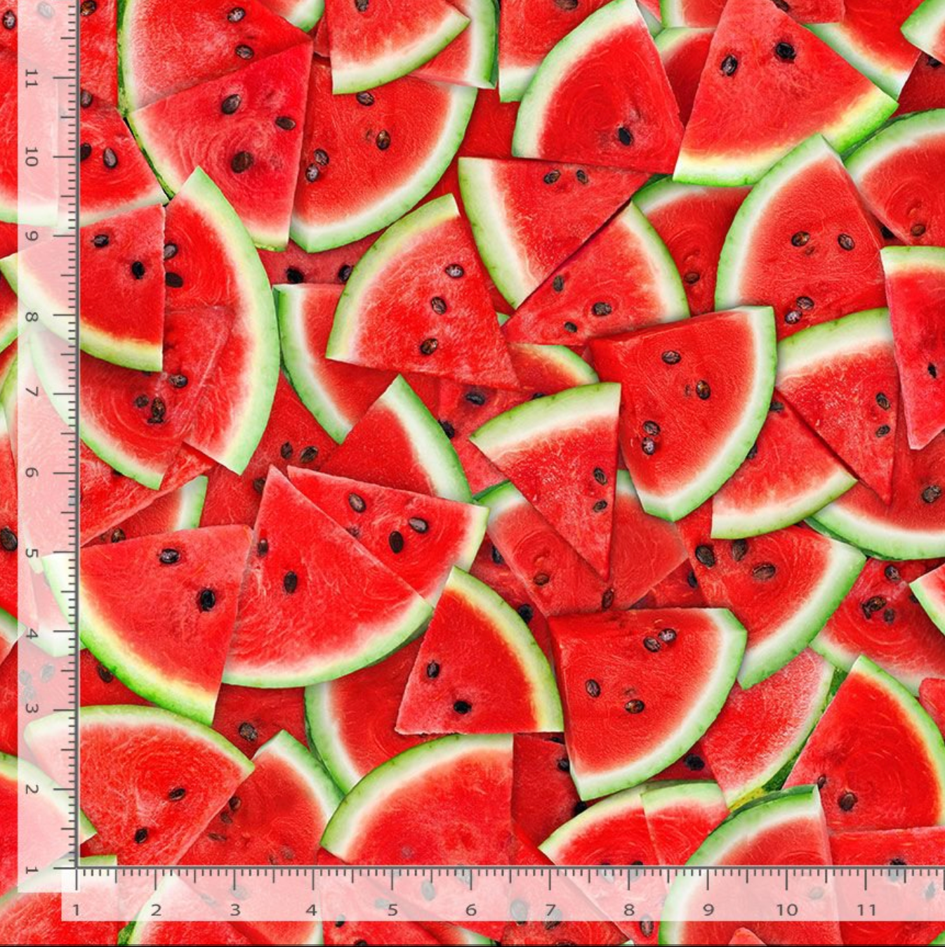 Fresh Fruit Packed Watermelon Slices fabric by Timeless Treasures featuring realistic red watermelon slices with black seeds and green rinds in a vibrant digital print on premium cotton fabric.