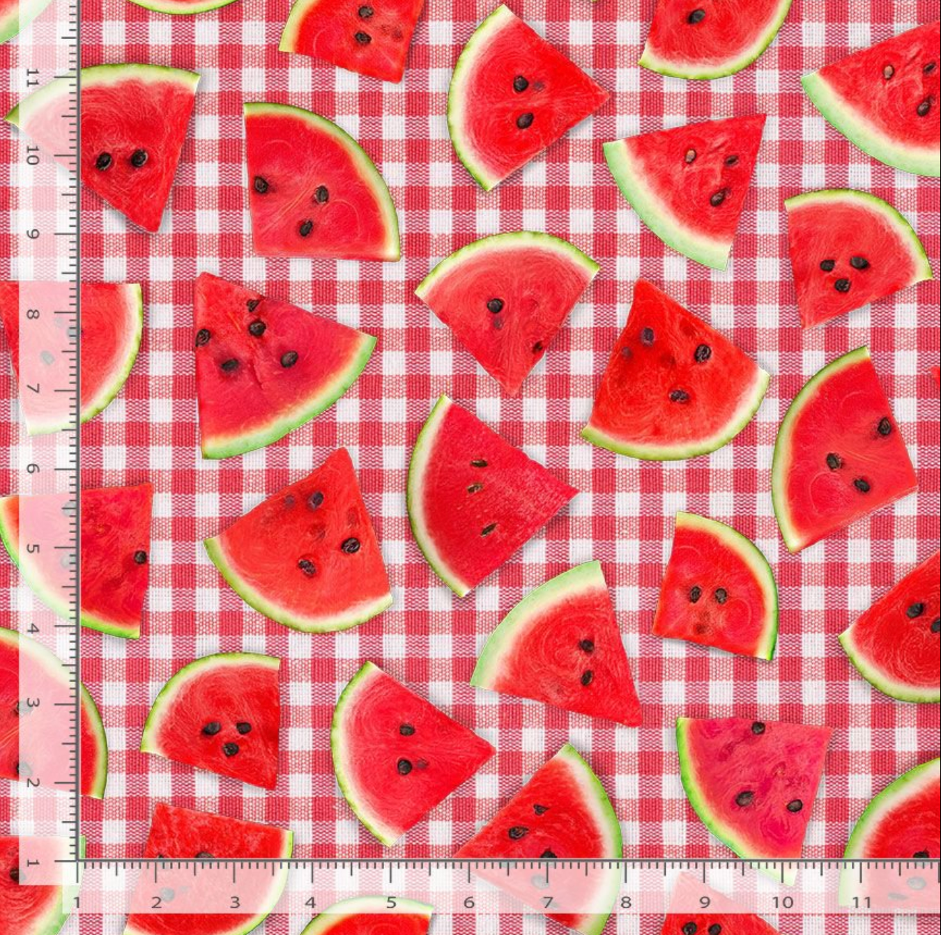 Fresh Fruit Watermelon Slice on Plaid fabric by Timeless Treasures featuring realistic watermelon slices on a red and white gingham background in a vibrant digital print cotton fabric.