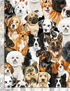 Packed Realistic Dogs fabric by George McCartney for Timeless Treasures featuring Golden Retrievers, German Shepherds, Dalmatians, Border Collies, Pugs, Bulldogs, Dachshunds, Poodles, Beagles, and other popular dog breeds in realistic portrait style on a black background.