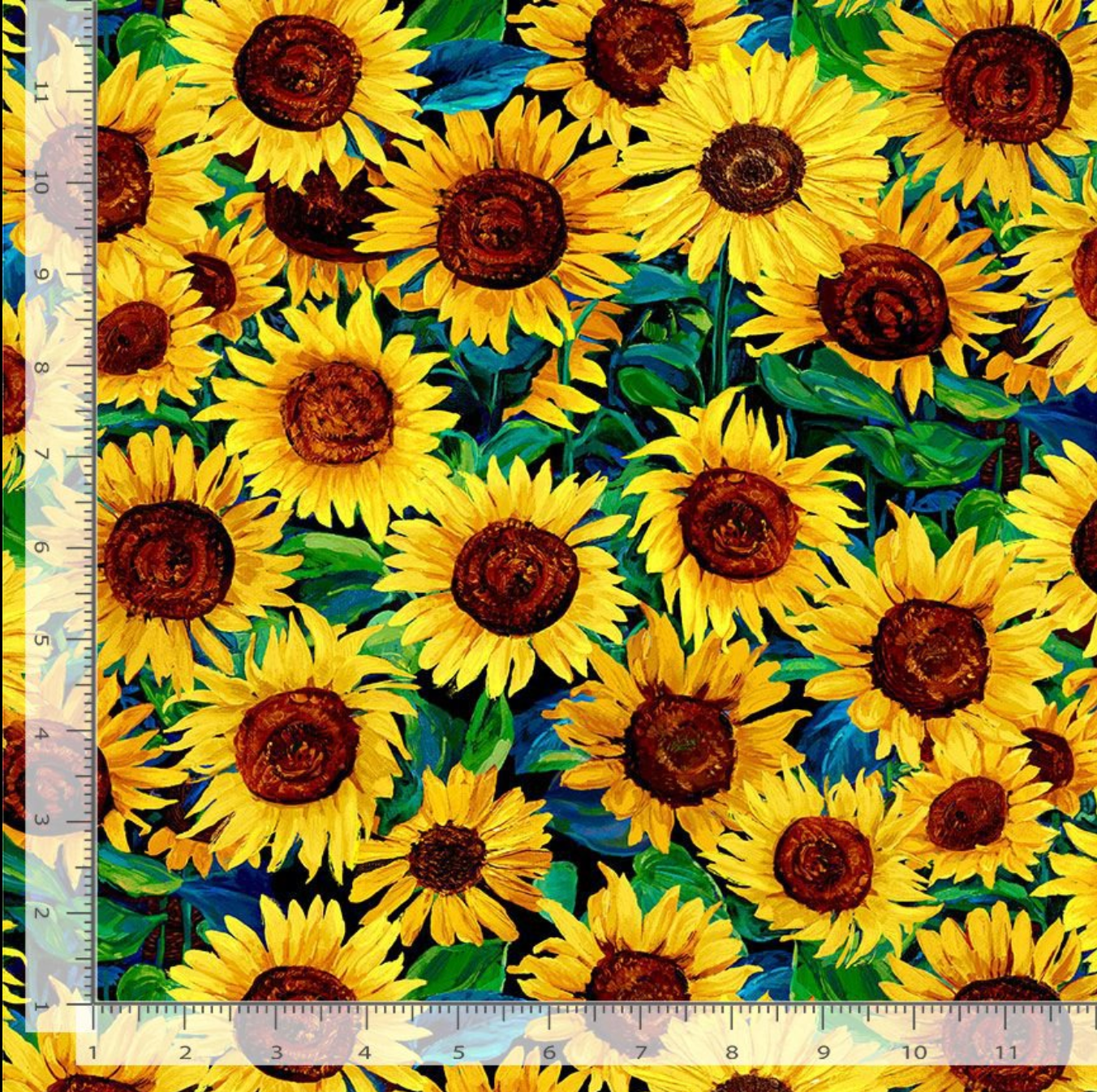 Painted Sunflower fabric from the Sunflower Symphony collection by Timeless Treasures featuring vibrant yellow sunflowers with rich brown centers and green foliage in an artistic painterly style on premium quilting cotton.